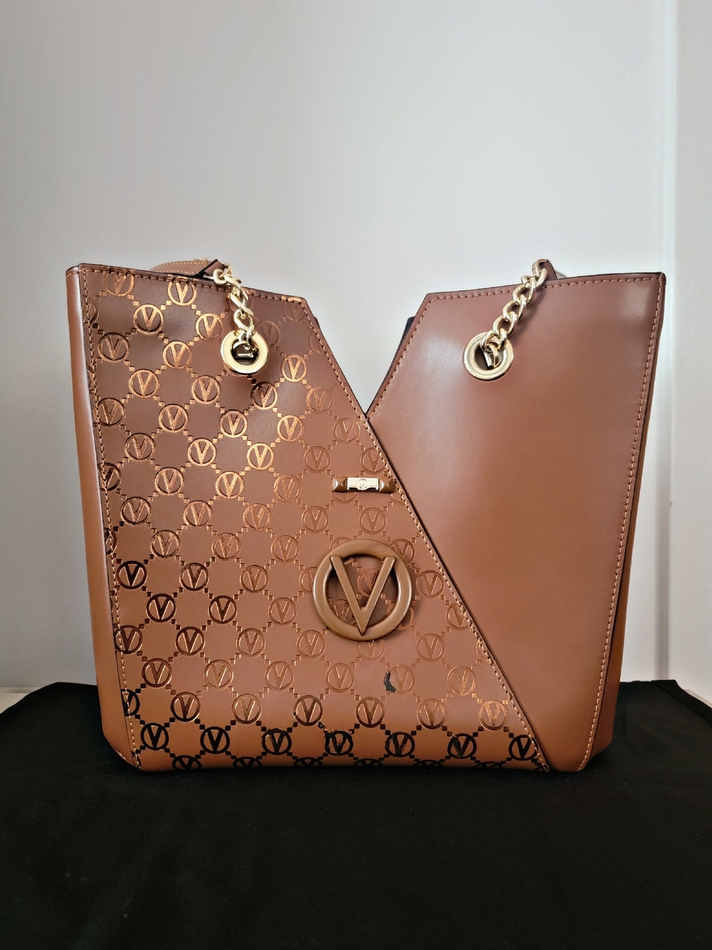 Mario Valentino Cognac Embossed Leather Asymmetric Tote Made In Italy